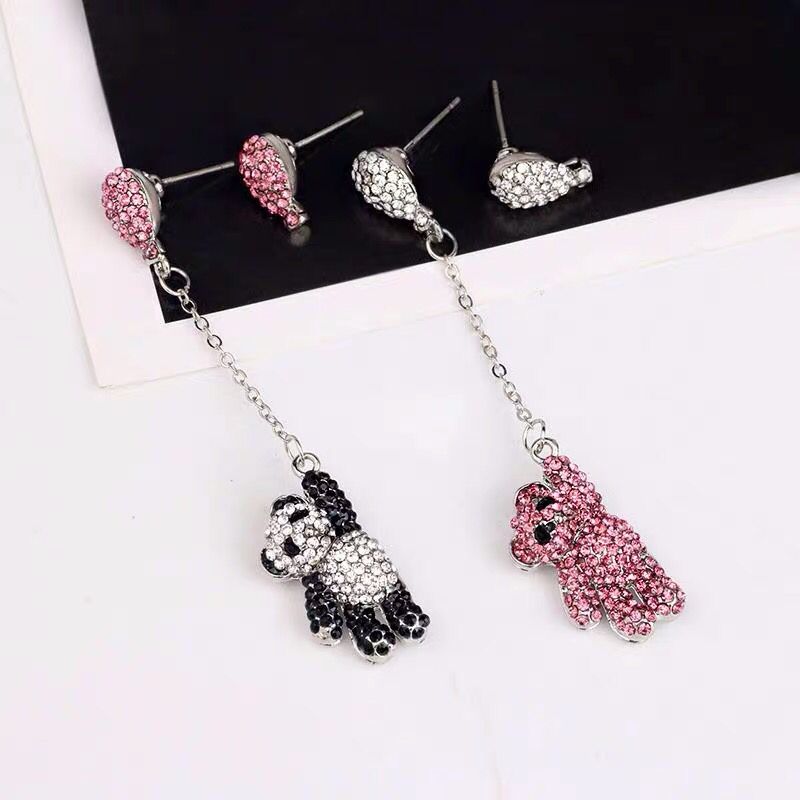 古力娜扎同款银针粉黑白色锆石甜美熊猫小熊两色AB版质感好耳坠环