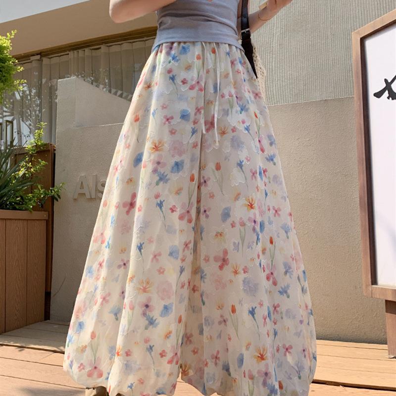 韩版甜美温柔彩色花苞裙裤女夏季气质减龄高腰百搭少女感阔腿裤子