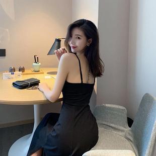 吊带小黑裙性感温柔v领打底复古长款 新款 侧开叉黑色连衣裙女