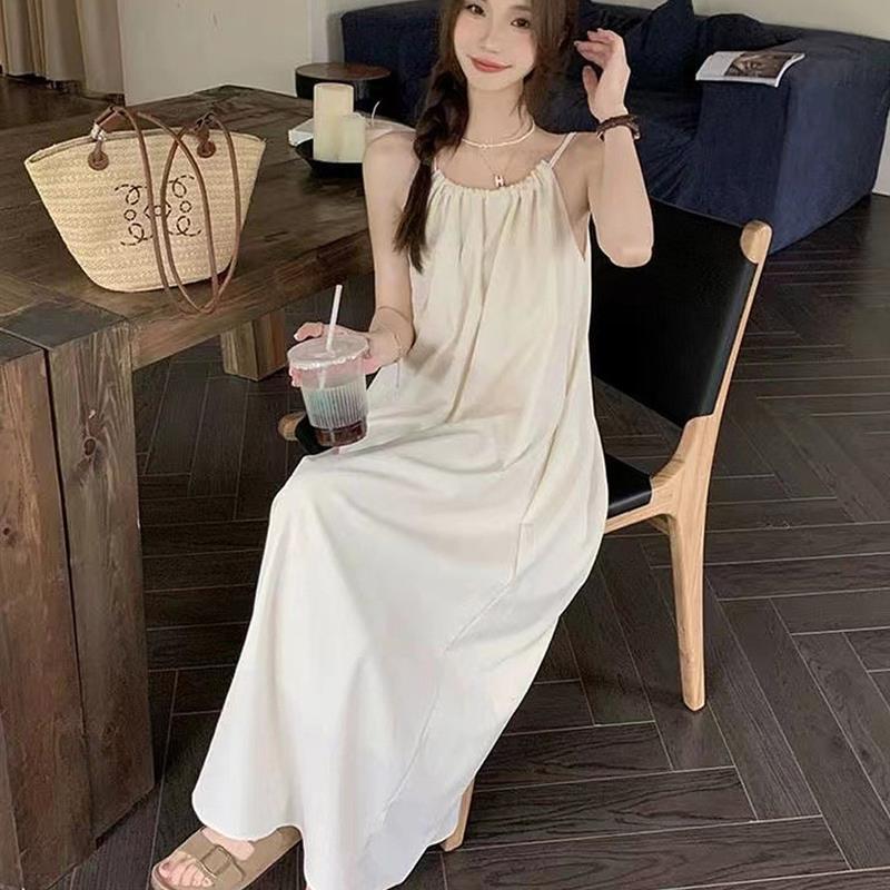 法式吊带连衣裙仙女夏季甜美小清新白色裙子海边a字宽松无袖长裙