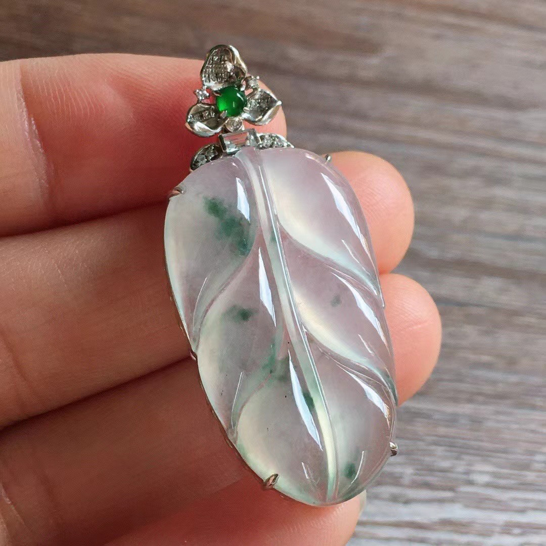 天然缅甸a货翡翠18k金镶嵌冰种飘花叶子树叶金枝玉叶吊坠挂坠t3