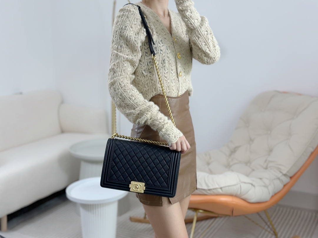 99新 chanel香奈儿包leboy大号牛皮菱格链条单肩斜挎包黑色金扣