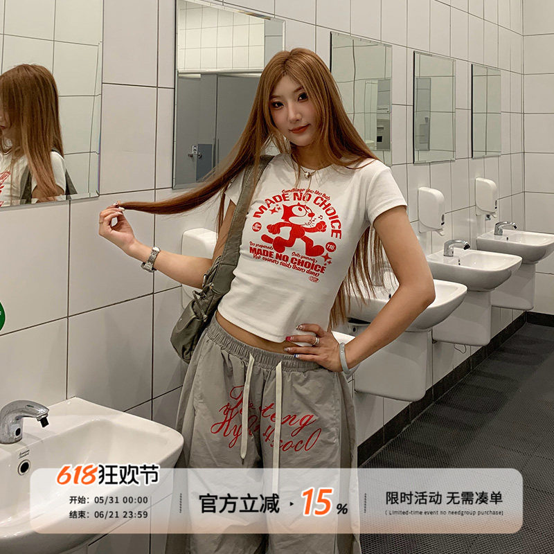 饭饭又饿了搞怪小猫短袖t恤女夏小众设计感正肩收腰显瘦短款上衣
