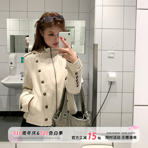 饭饭又饿了美式纽扣皮衣外套女春