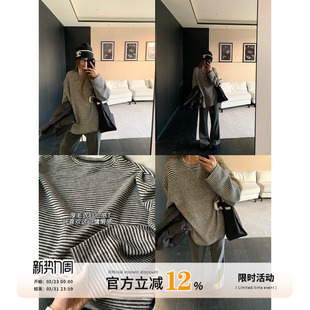 【限时价】饭饭又饿了美式复古条纹长袖t恤冬季女慵懒风休闲上衣