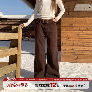 饭饭又饿了美式复古加绒微喇牛仔裤女冬季遮肉垂感直筒显瘦马蹄裤