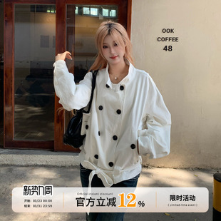 【清仓价】饭饭又饿了韩系双排扣立领风衣外套女秋季气质绑带上衣