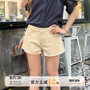 子 设计感直筒显瘦休闲百搭裤 饭饭又饿了复古卡其色牛仔短裤 女春季