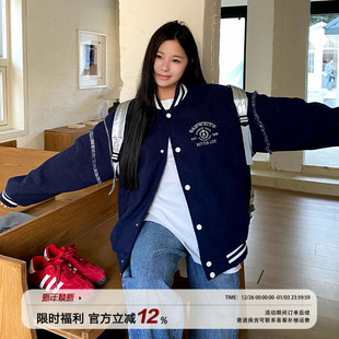 饭饭又饿了学院风拼接棒球服外套女春季 复古宽松百搭休闲夹克上衣