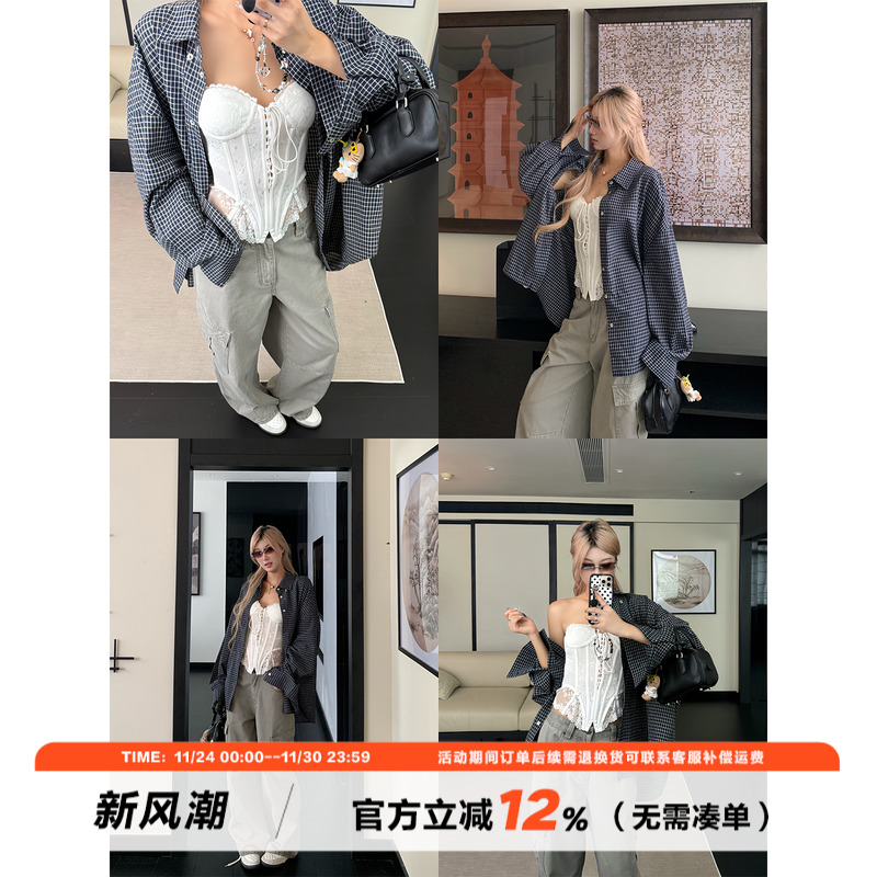 饭饭又饿了慵懒风格子长袖衬衫女