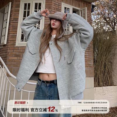 饭饭又饿了灰色夹棉毛呢棒球外套