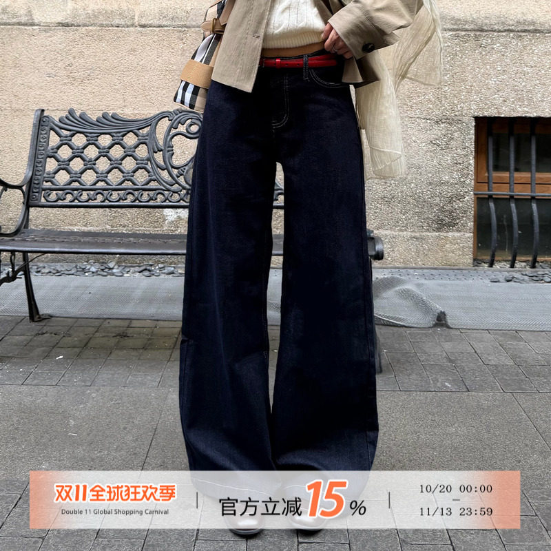 饭饭又饿了复古感水洗原色牛仔裤