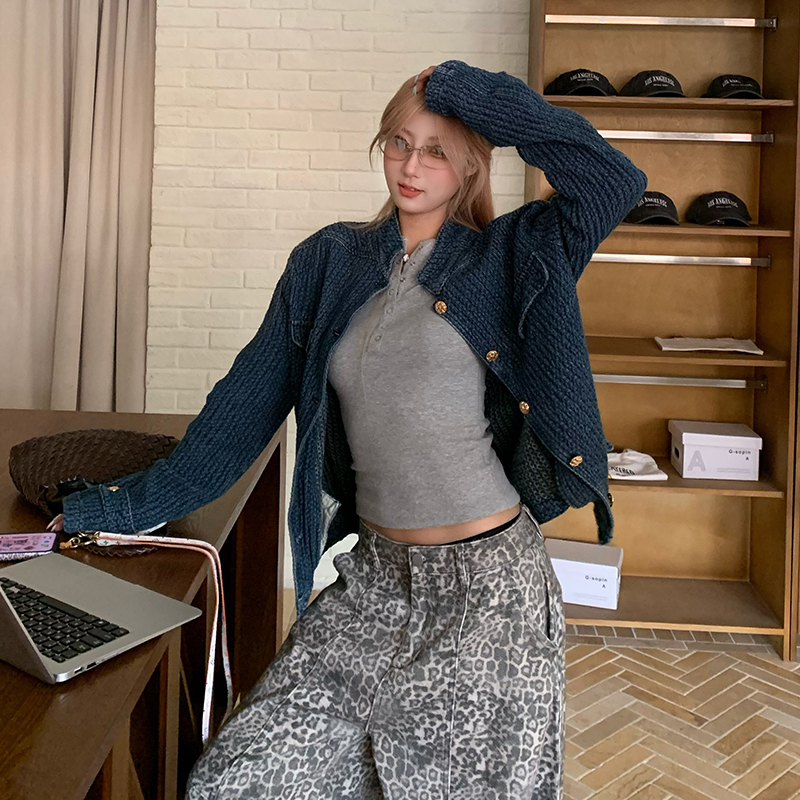 饭饭又饿了小香风立领牛仔外套女