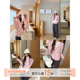 饭饭又饿了 韩系三杠条纹华夫格连帽外套女早秋新款百搭卫衣开衫