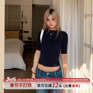 【限时价】饭饭又饿了辣妹正肩圆领t恤女秋基础弹力修身中袖上衣