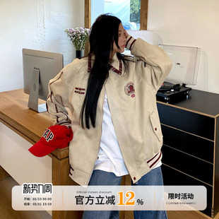 饭饭又饿了学院风拼接棒球服外套女春季 复古休闲百搭夹克上衣 美式