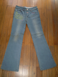 DAISY LOVERS浅兰色刺绣微喇猫须牛仔长裤160