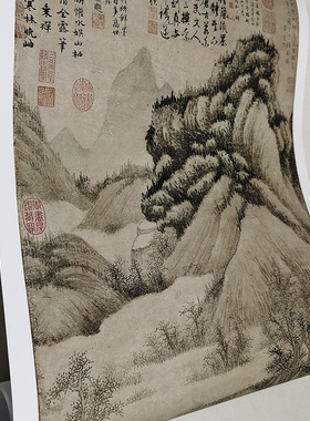 1:0.6五代 巨然 寒林晚岫图34x86cm真迹复制送 因陀罗 寒山拾得图