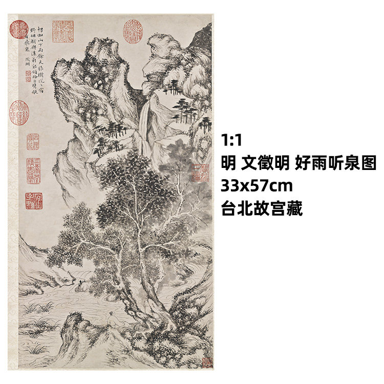 1:1明 文徵明 好雨听泉图 山水国画真迹复制33x57cm台北故宫藏画