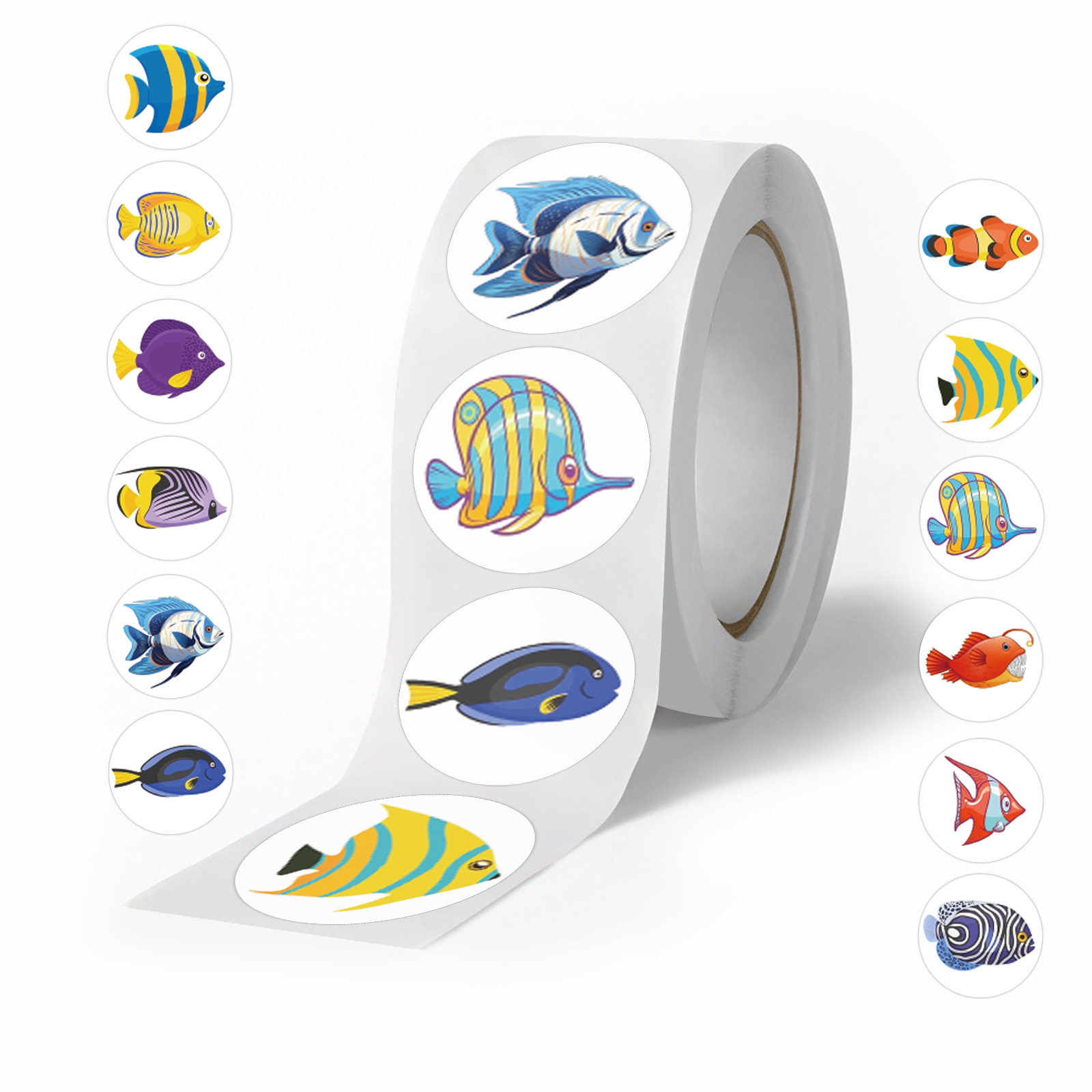 1000贴热带鱼卷卷贴手账装饰笔记本文具儿童奖励鱼类圆形封口贴纸