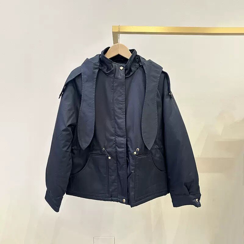法式小众 26秋冬新款酷帅深蓝连帽收腰抽绳绑带派克服棉服外套