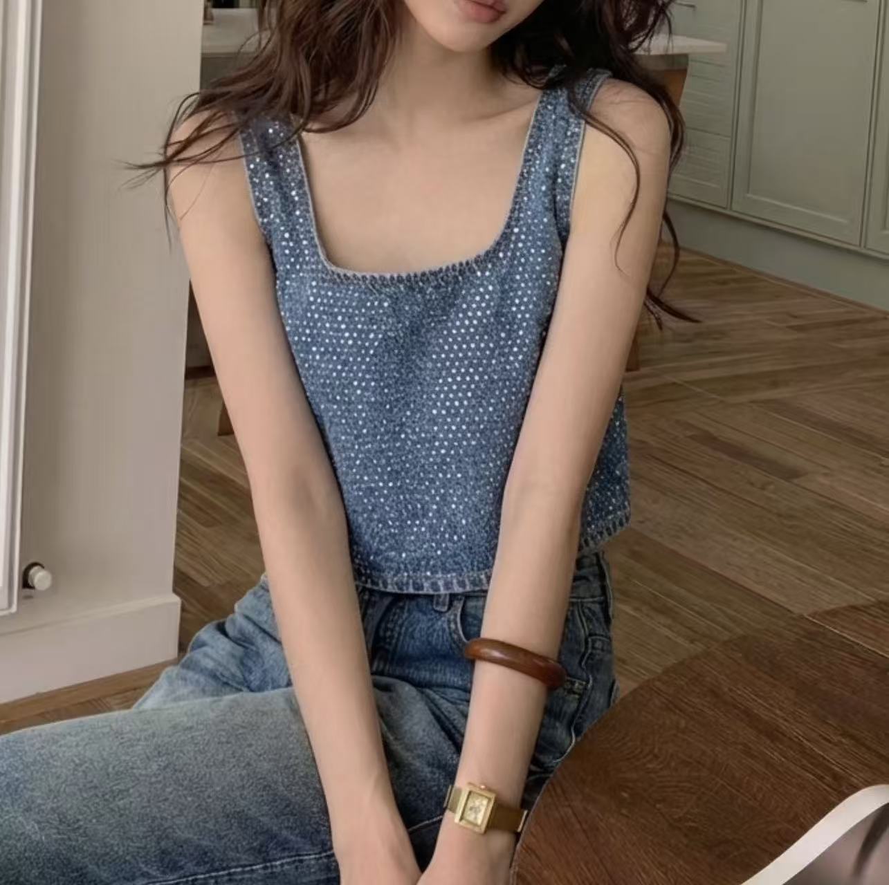 欧洲站2026夏季新满钻牛仔背心女无袖方领设计感小个子穿搭上衣女
