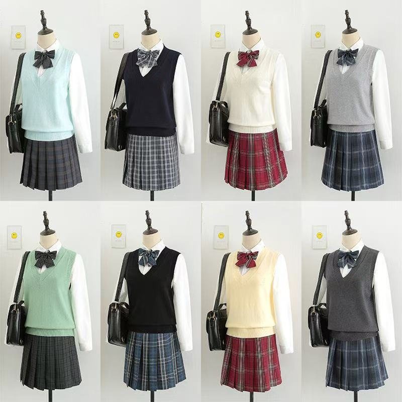 现货JK制服套头背心毛衣针织衫马甲无袖领叠穿日系学院风V领批发