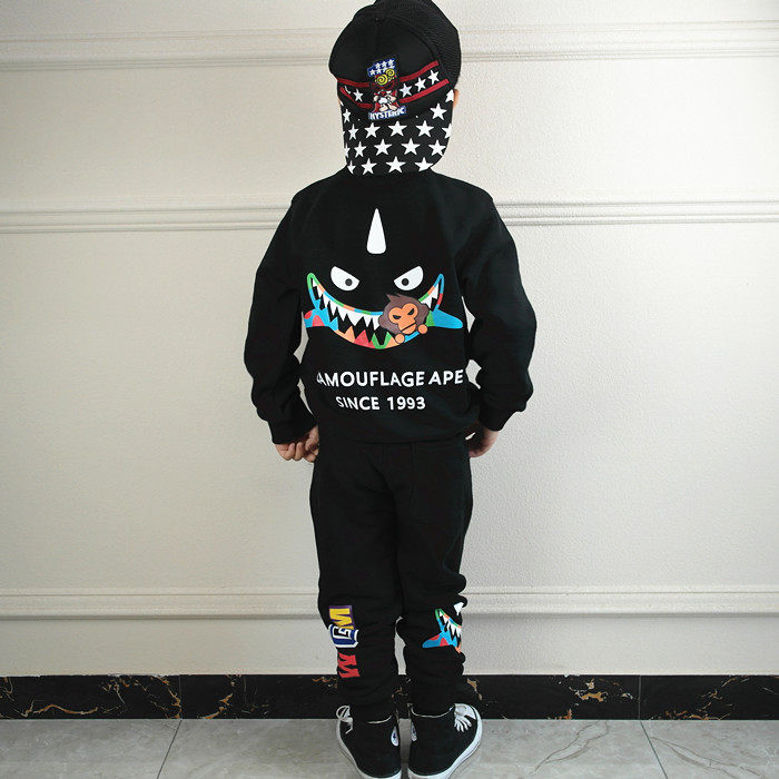 2025新款男童潮牌鲨鱼猴子纯棉春秋卫衣运动裤套装圆领运动衫长裤