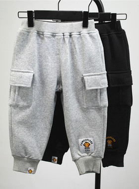 清 男童加绒工装裤潮牌秋冬黑灰色纯棉宽松儿童运动裤 宝宝长裤