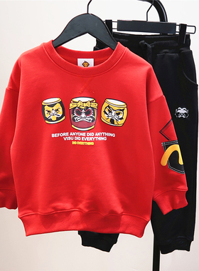 儿童新年红色卫衣2025春装新款男童潮牌纯棉圆领衫中大童卡通上衣