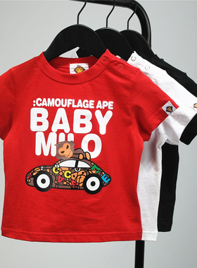 夏潮牌猴子女童男童小汽车纯棉短袖T恤 儿童红黑白色半袖背心上衣