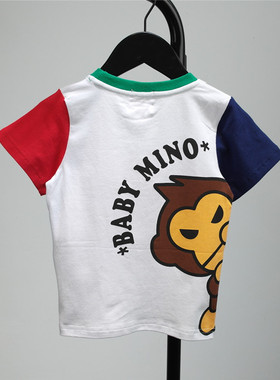 夏季潮牌猿猴女男童全棉白色拼接袖短袖T恤 宝宝水印半袖背心上衣