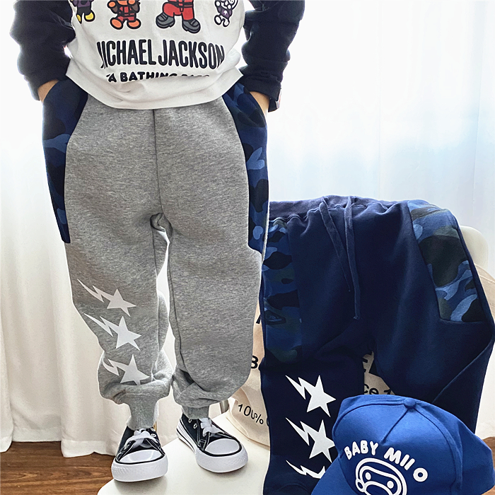 儿童春秋纯棉运动裤2025新款男童潮牌迷彩拼接星星裤子中大童长裤