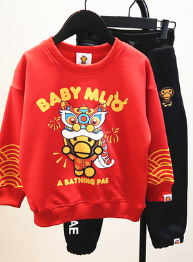 儿童新年红色卫衣2025春季新款男童女童纯棉圆领衫中大童卡通上衣