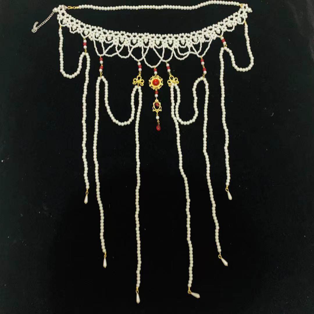 手工汉服腰链女古风个性原创爱心珍珠唐风坦领齐腰襦裙配饰写真