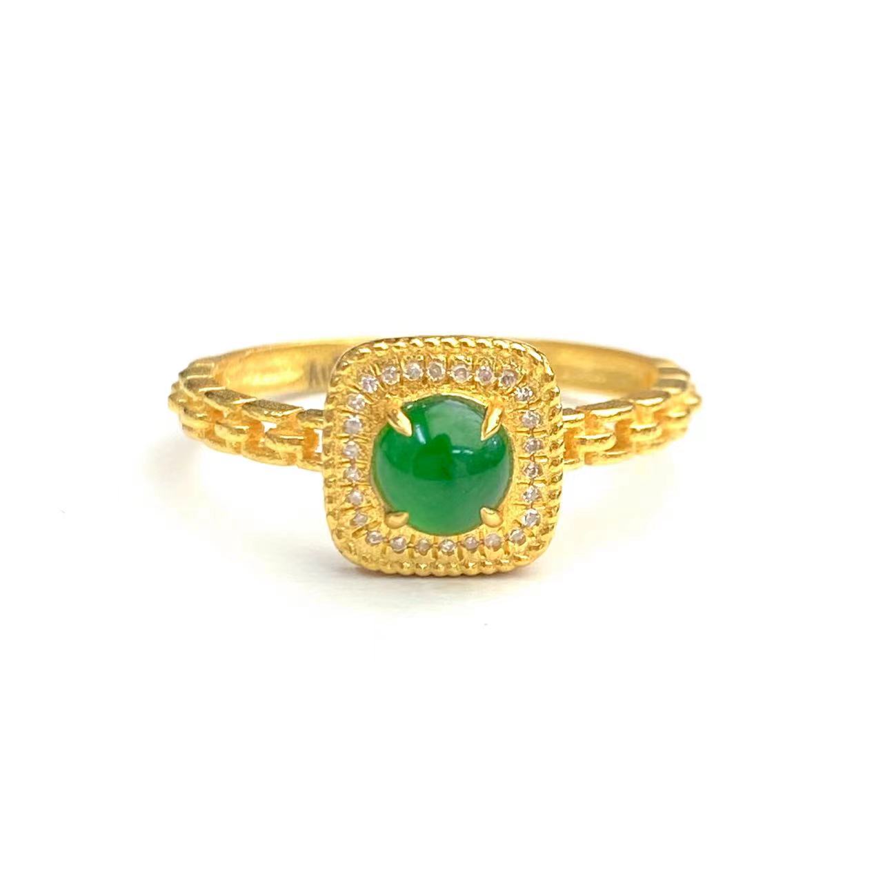 安伯曼18K金四爪蛋面翡翠A货满绿方形南非钻镶嵌链条款戒指