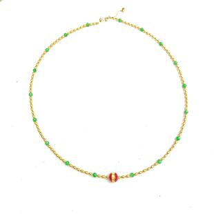 安伯曼18K金米珠红珐琅球翡翠小米辣满天星项链3mm左右