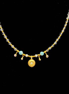 安伯曼925银拉丝圆饼海纹石微笑白水晶项链3-4mm