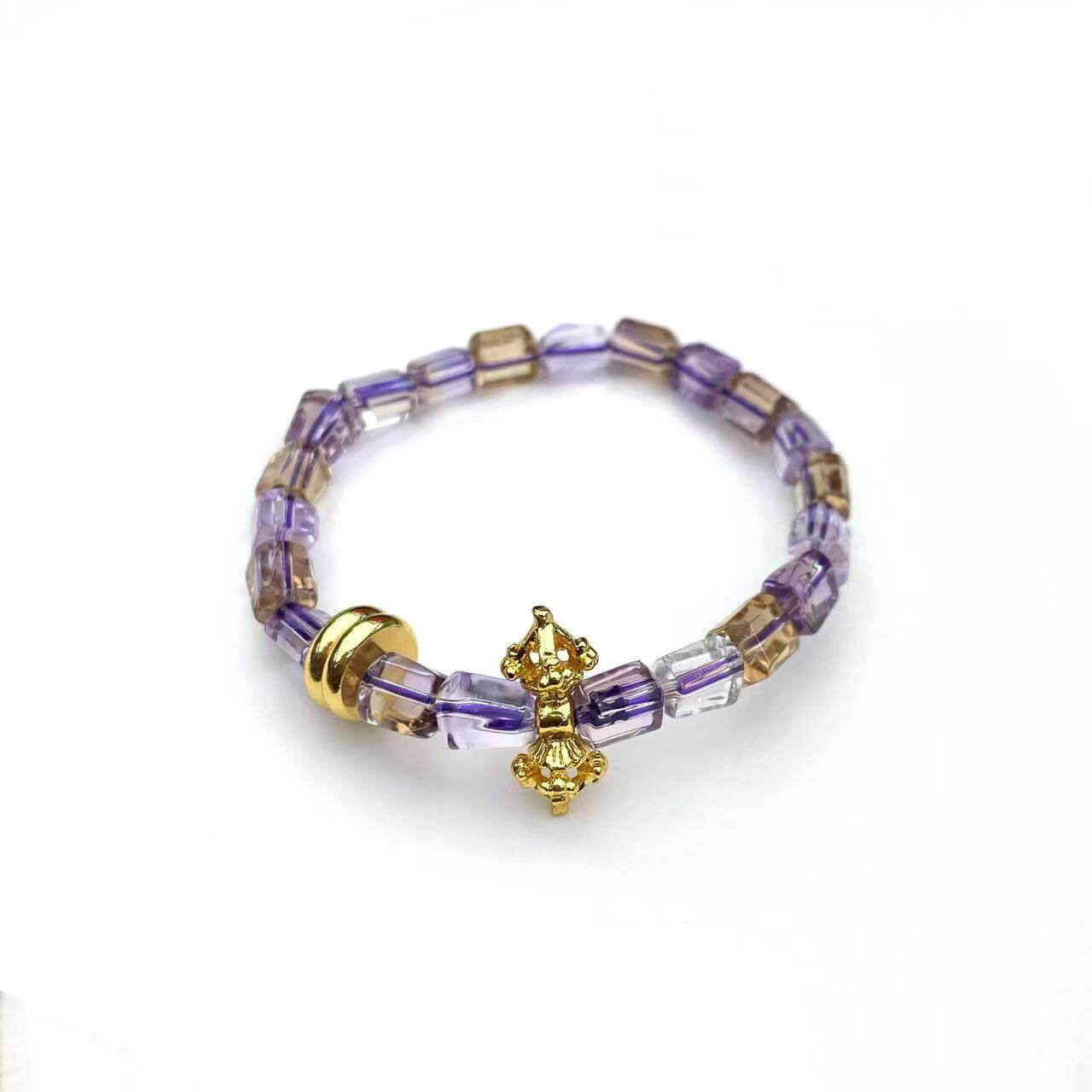 安伯曼紫黄晶随形铜镀金隔片十字金刚杵双色手串7-9mm