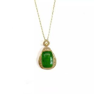 安伯曼翡翠正浓Y绿无事牌18K金镂空钱袋子银项链9*13mm