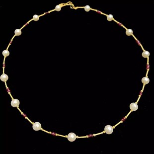 18K金长管5 6mmakoya海水珍珠无烧鸽血红红宝石满天星项链45cm
