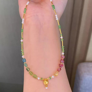 安伯曼18K金沙佛莱郁金香花苞糖果色碧玺随形珍珠竹节满天星项链