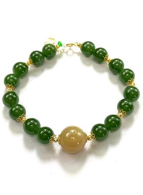 俄料无黑点碧玉菠菜绿18K金豆豆糖料圆珠12mm左右手链8mm左右