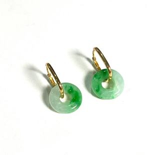 安伯曼18k金翡翠白底青飘花平安扣环环相扣耳环多种戴法