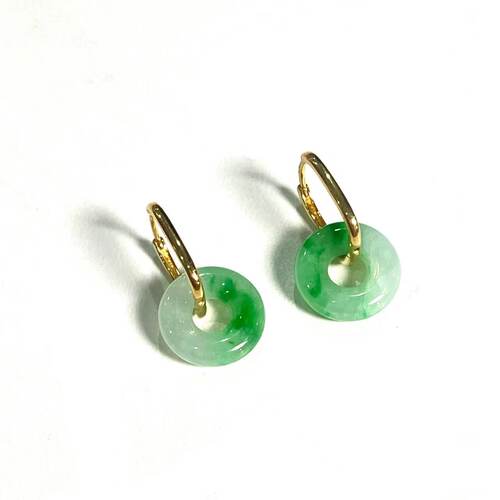 安伯曼18k金翡翠白底青飘花平安扣环环相扣耳环多种戴法