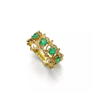 安伯曼60分潘杰希尔祖母绿圆面18K金宽版枝丫排戒指