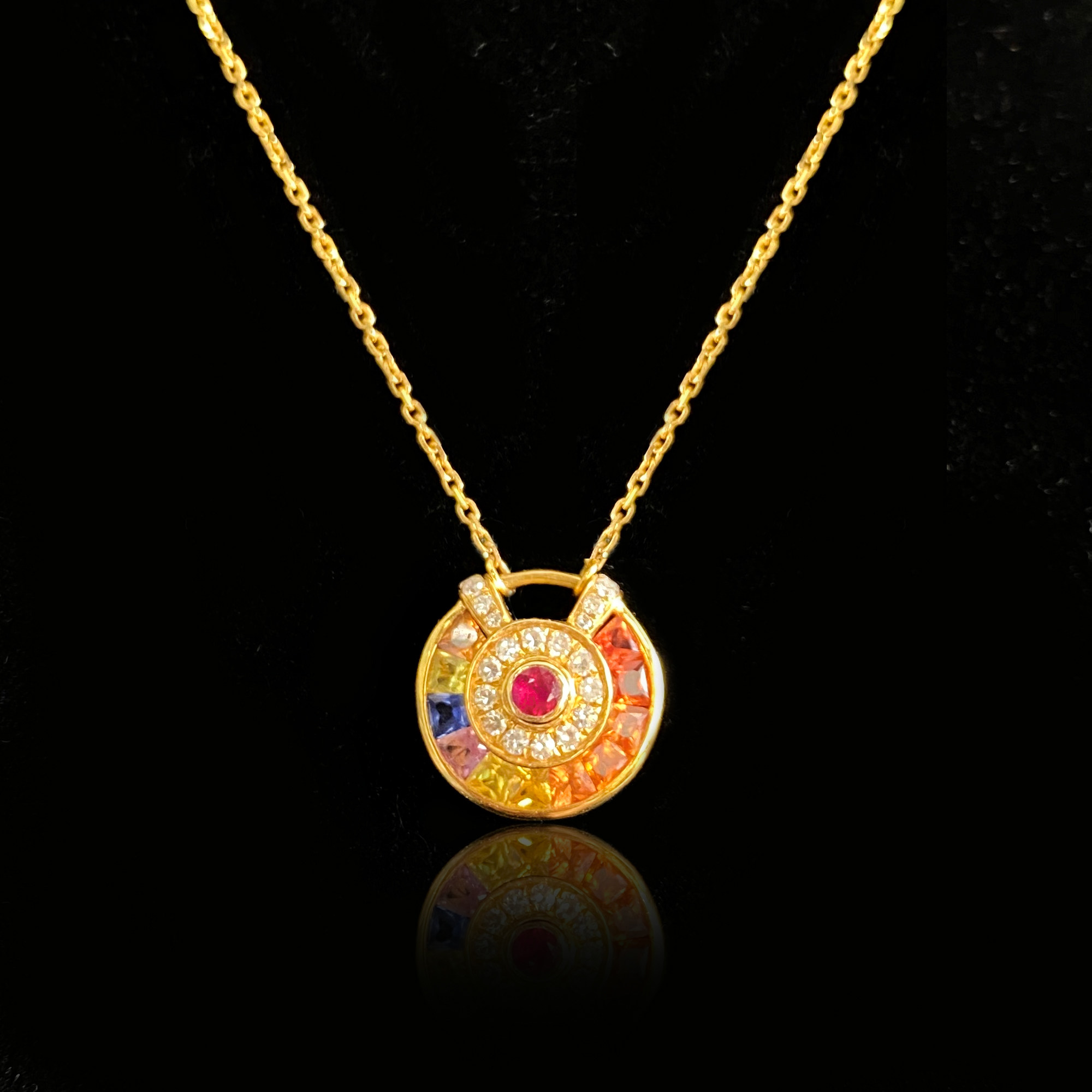 安伯曼通体18K金彩色蓝宝石hu身fu平安扣南非钻项链12mm左右