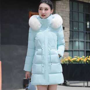冬装新款洋气连帽大毛领棉袄修身显瘦棉服加厚中长款羽绒棉衣女