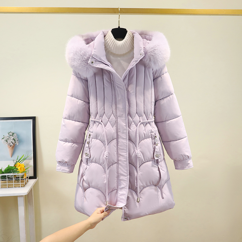 冬新款爆款大毛领可拆卸帽棉袄宽松收腰棉服中长款加厚羽绒棉衣女