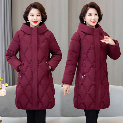 加厚连帽棉袄冬中长款妈妈装羽绒棉衣女2023冬装大码宽松棉服外套